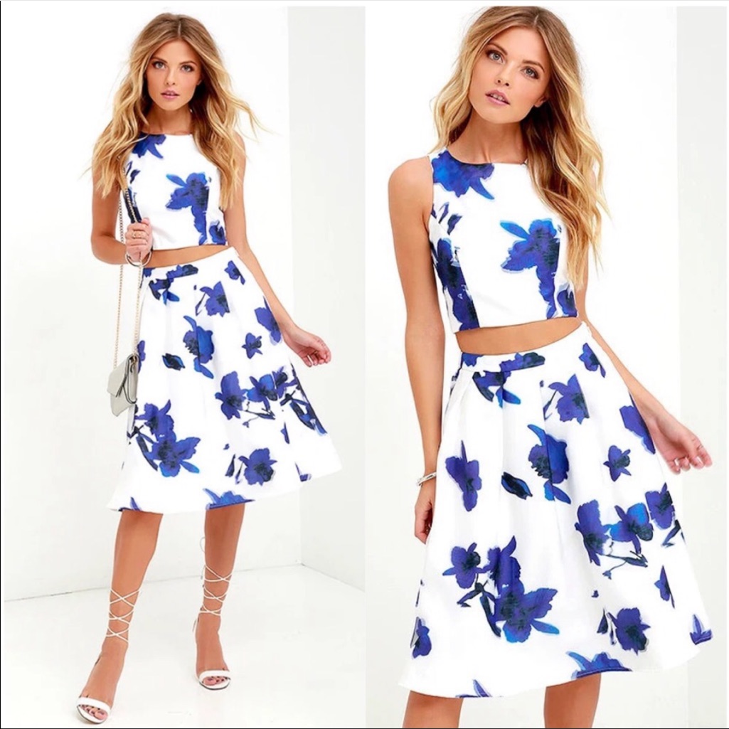 Just My Imagination Ivory And Blue Floral Print Two-Piece Dress (Medium)